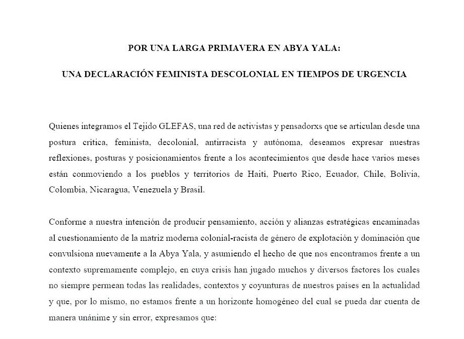 Por una larga primavera en Abya Yala: una declaración feminista descolonial en tiempos de urgencia.